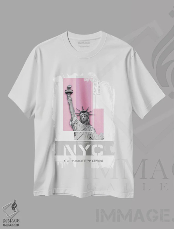 تیشرت سفید طرح دار – تیشرت هنری ,پوستر آرت مجسمه آزادی نیویورک | صورتی اثر ملانی ویولا فروشگاه ایماژ