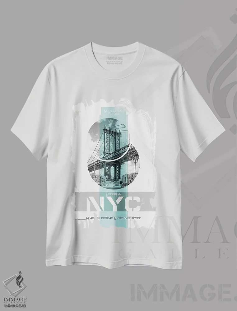 تیشرت سفید طرح دار – تیشرت شهری ,پوستر آرت پل منهتن نیویورک | فیروزه ای اثر ملانی ویولا immage.ir