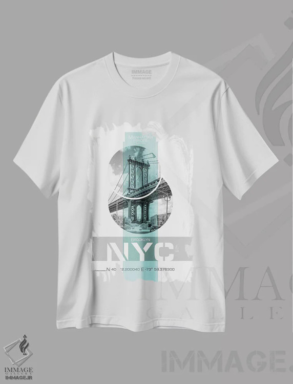 تیشرت سفید طرح دار – تیشرت شهری ,پوستر آرت پل منهتن نیویورک | فیروزه ای اثر ملانی ویولا immage.ir