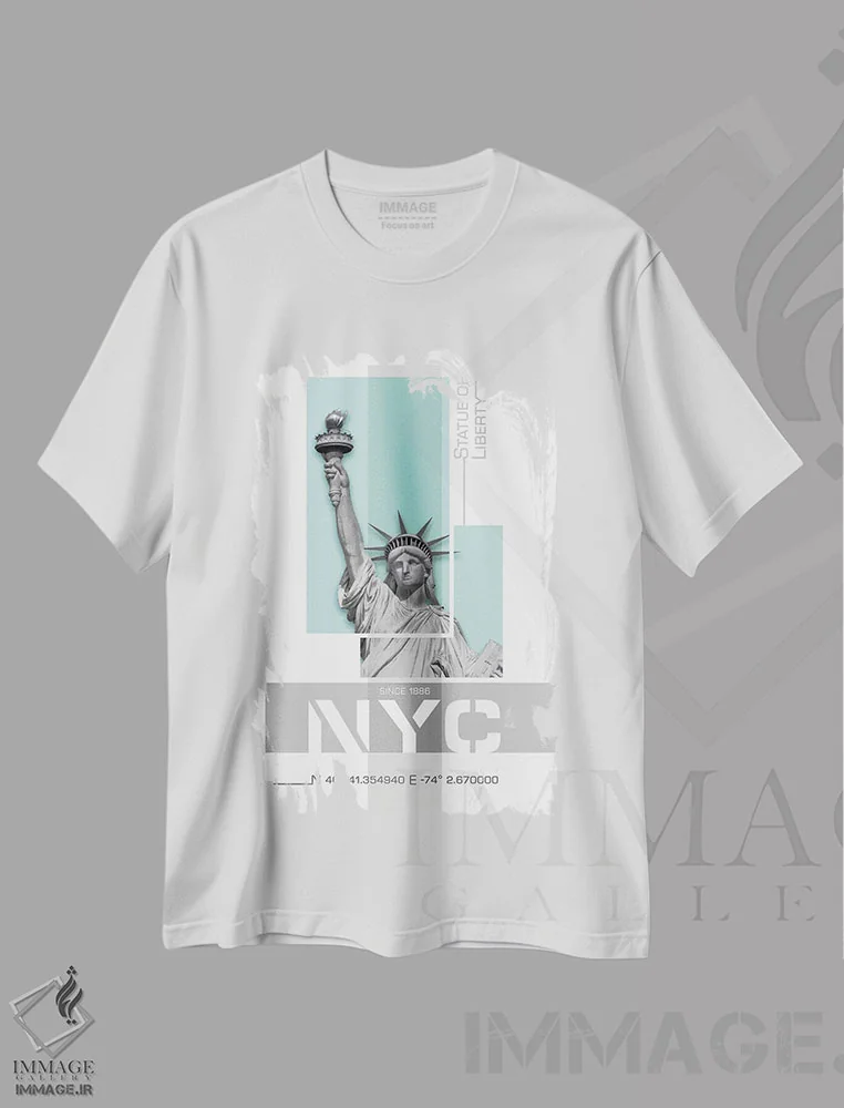 تیشرت سفید طرح دار – تیشرت نمادین ,پوستر آرت مجسمه آزادی نیویورک | فیروزه ای اثر ملانی ویولا immage.ir