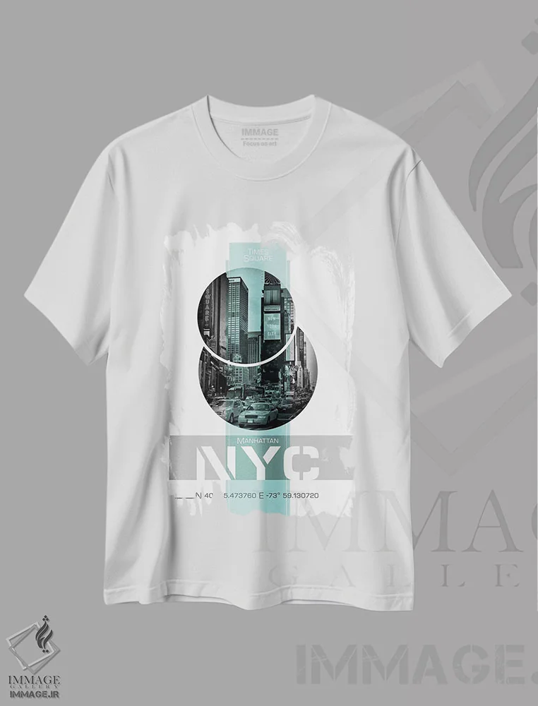 تیشرت سفید طرح دار – تیشرت شهری ,پوستر آرت تایمز اسکوئر نیویورک | فیروزه ای اثر ملانی ویولا immage.ir