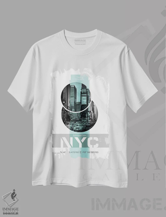 تیشرت سفید طرح دار – تیشرت شهری ,پوستر آرت تایمز اسکوئر نیویورک | فیروزه ای اثر ملانی ویولا immage.ir