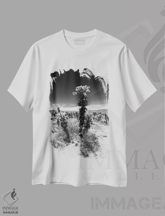 تیشرت سفید طرح دار – تیشرت گیاه نگارانه ,باغ کاکتوس چولا، پارک ملی جاشوا تری اثر ملانی ویولا فروشگاه ایماژ