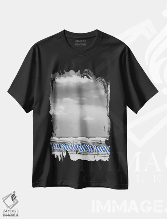 تیشرت مشکی طرح دار – تیشرت تابستانی ,صحنه ساحل با برجستگی رنگ آبی اثر ملانی ویولا فروشگاه ایماژ
