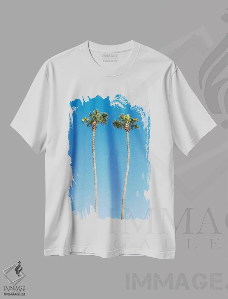 تیشرت سفید طرح دار – تیشرت طبیعت ,درختان نخل اثر ملانی ویولا فروشگاه ایماژ
