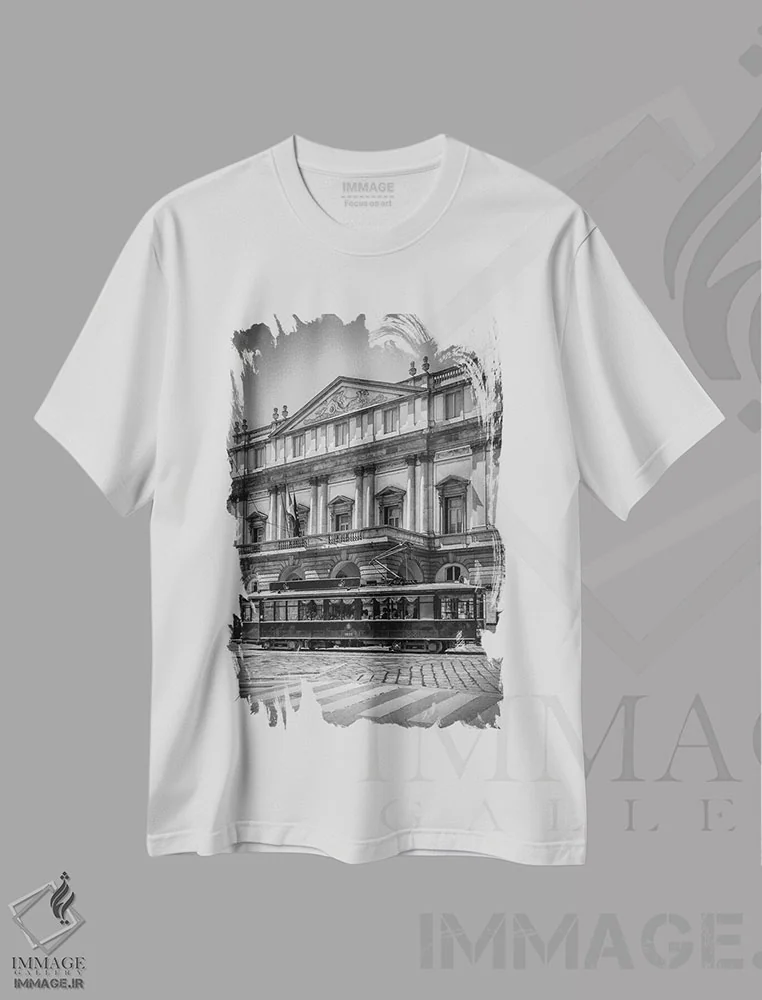 تیشرت سفید طرح دار – تیشرت هنری ,تئاتر لا اسکالا میلان و تراموا اثر ملانی ویولا فروشگاه ایماژ