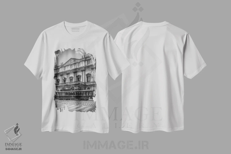 تیشرت سفید طرح دار – تیشرت هنری ,تئاتر لا اسکالا میلان و تراموا اثر ملانی ویولا فروشگاه ایماژ