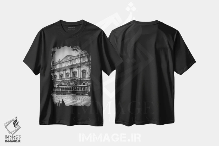 تیشرت مشکی طرح دار – تیشرت هنری ,تئاتر لا اسکالا میلان و تراموا اثر ملانی ویولا immage.ir