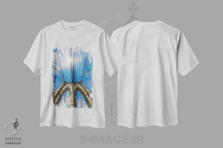 تیشرت سفید طرح دار – تیشرت شهری ,پل بروکلین نیویورک در ارتفاع اثر ملانی ویولا فروشگاه ایماژ