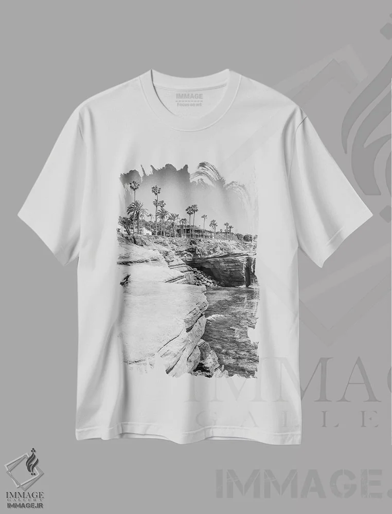 تیشرت سفید طرح دار – تیشرت هنری ,صخره های سان دیه گو سانست کلیفز اثر ملانی ویولا فروشگاه ایماژ
