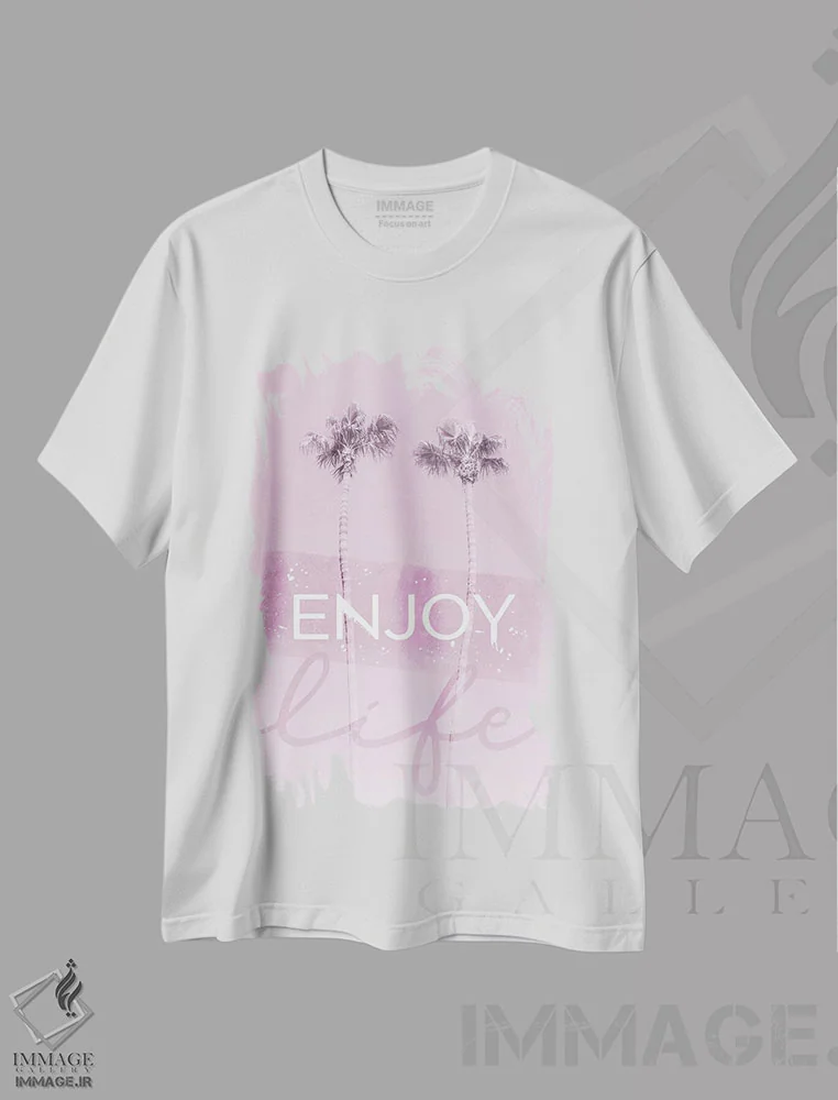 تیشرت سفید طرح دار – تیشرت انگیزشی ,درختان نخل دل انگیز با رنگ صورتی اثر ملانی ویولا immage.ir