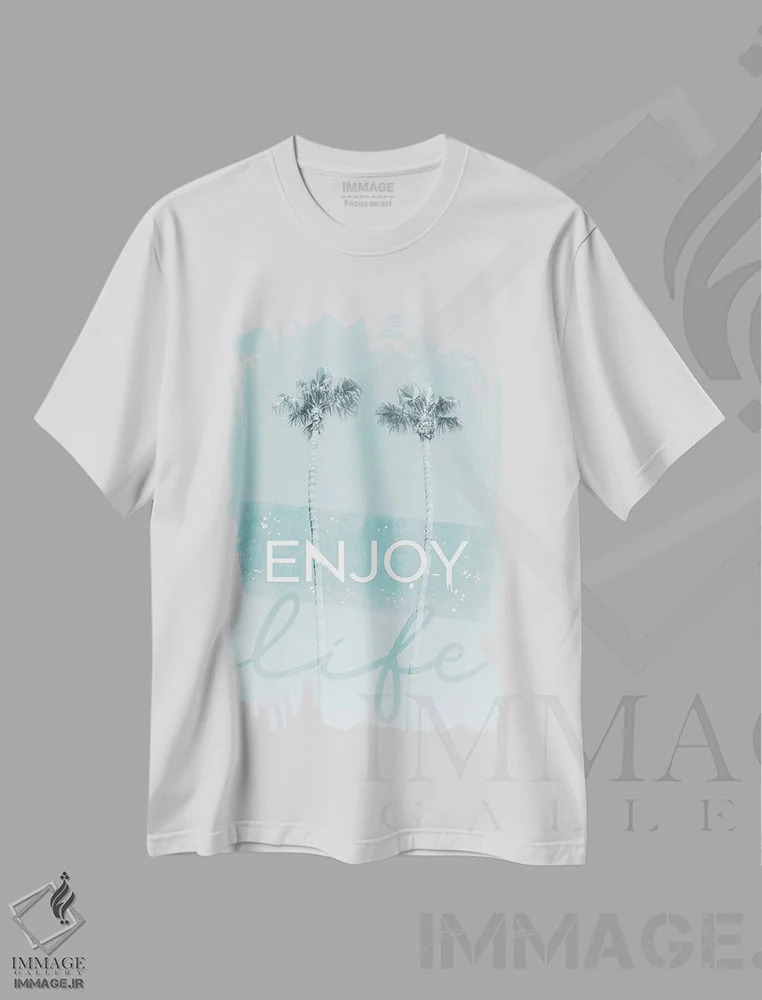 تیشرت سفید طرح دار – تیشرت فیروزه ای ,درختان نخل دل انگیز با رنگ فیروزه ای اثر ملانی ویولا فروشگاه ایماژ