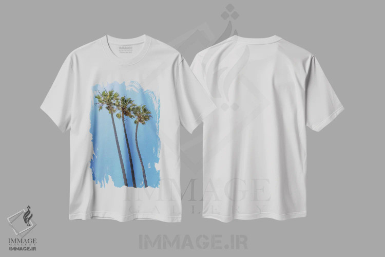 تیشرت سفید طرح دار – تیشرت طبیعت ,نخل ها در ساحل اثر ملانی ویولا فروشگاه ایماژ