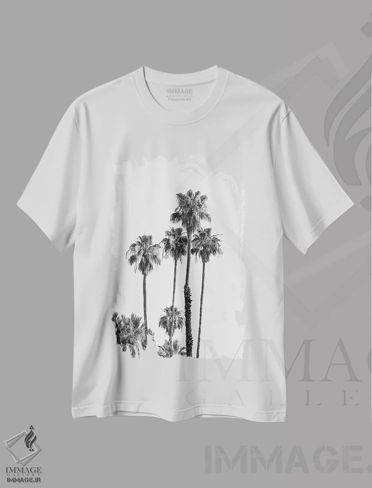 تیشرت سفید طرح دار – تیشرت نخل ,نخل ها اثر ملانی ویولا فروشگاه ایماژ
