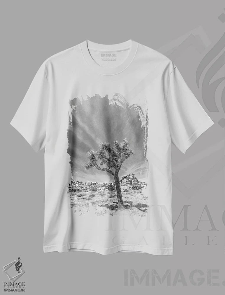 تیشرت سفید طرح دار – تیشرت طبیعت ,درخت جاشوای تنها اثر ملانی ویولا فروشگاه ایماژ
