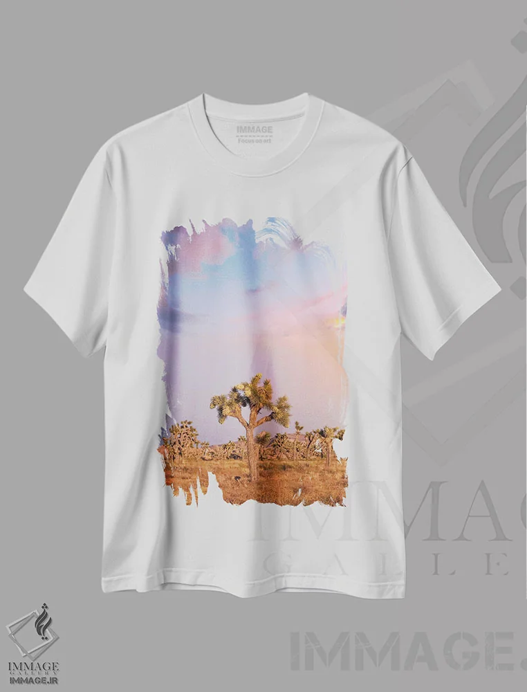 تیشرت سفید طرح دار – تیشرت طبیعت ,غروب دل انگیز در پارک ملی جاشوا تری اثر ملانی ویولا فروشگاه ایماژ