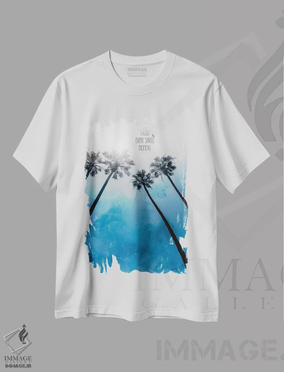تیشرت سفید طرح دار – تیشرت طبیعت ,نخل ها با رنگ آبی کلاسیک اثر ملانی ویولا فروشگاه ایماژ
