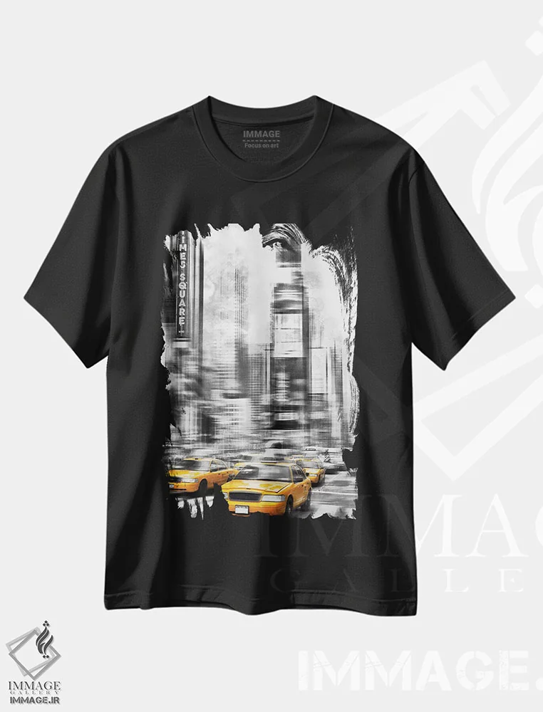 تیشرت مشکی طرح دار – تیشرت شهری ,هنر مدرن میدان تایمز اثر ملانی ویولا فروشگاه ایماژ