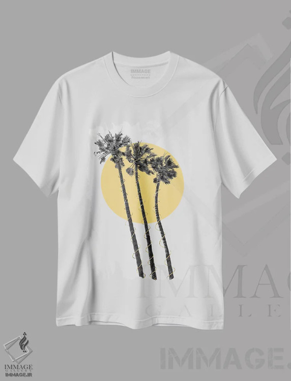 تیشرت سفید طرح دار – تیشرت طبیعت ,نخل ها زیر آفتاب اثر ملانی ویولا فروشگاه ایماژ
