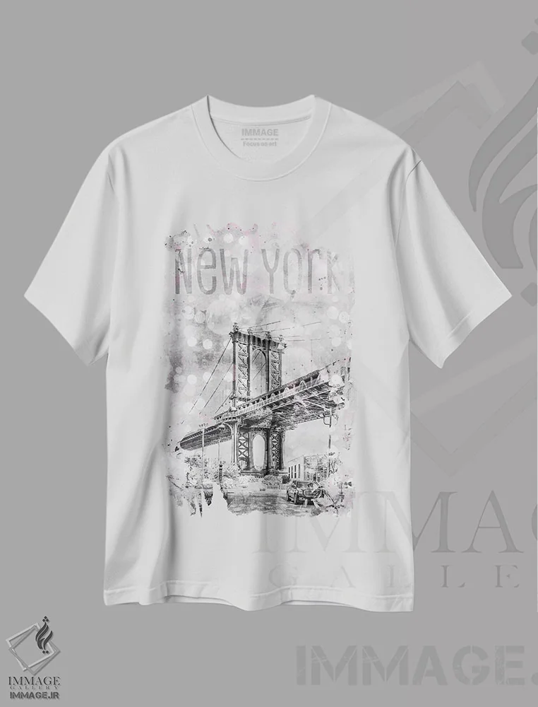 تیشرت سفید طرح دار – تیشرت معماری ,هنر گرافیکی پل منهتن نیویورک اثر ملانی ویولا فروشگاه ایماژ