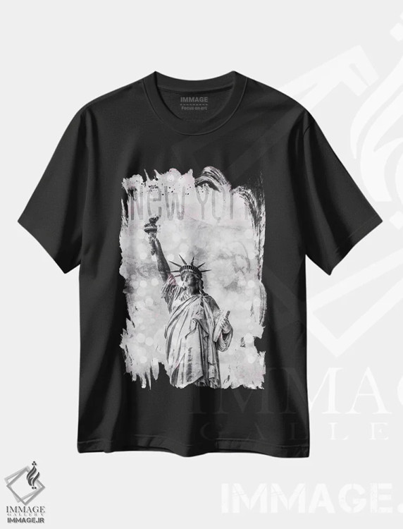 تیشرت مشکی طرح دار – تیشرت شهری ,هنر گرافیکی مجسمه آزادی نیویورک اثر ملانی ویولا فروشگاه ایماژ