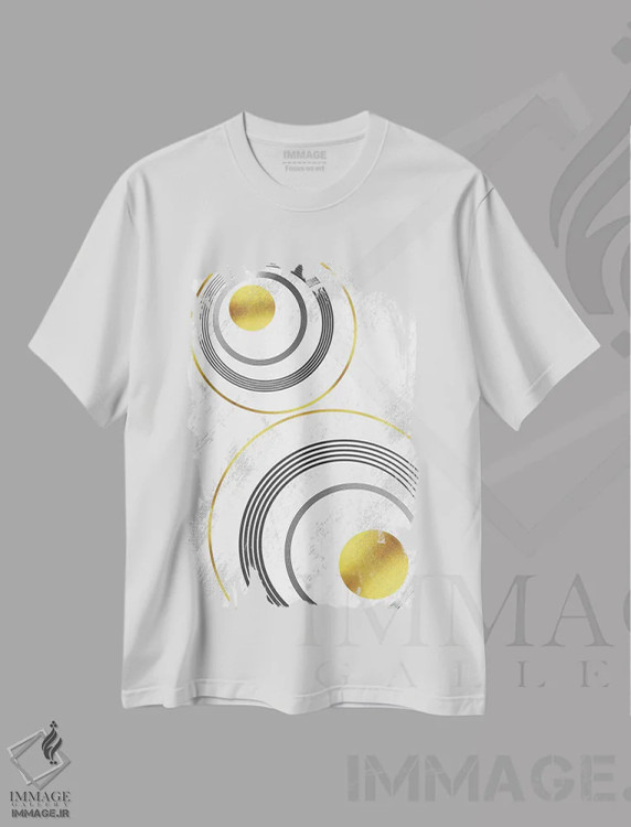 تیشرت سفید طرح دار – تیشرت طلایی ,هنر هندسی شماره اثر ملانی ویولا فروشگاه ایماژ