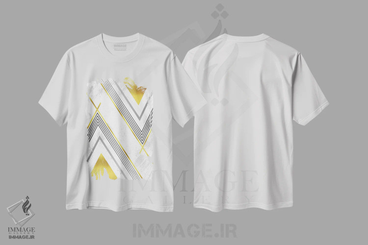 تیشرت سفید طرح دار – تیشرت طلایی ,هنر هندسی شماره اثر ملانی ویولا immage.ir