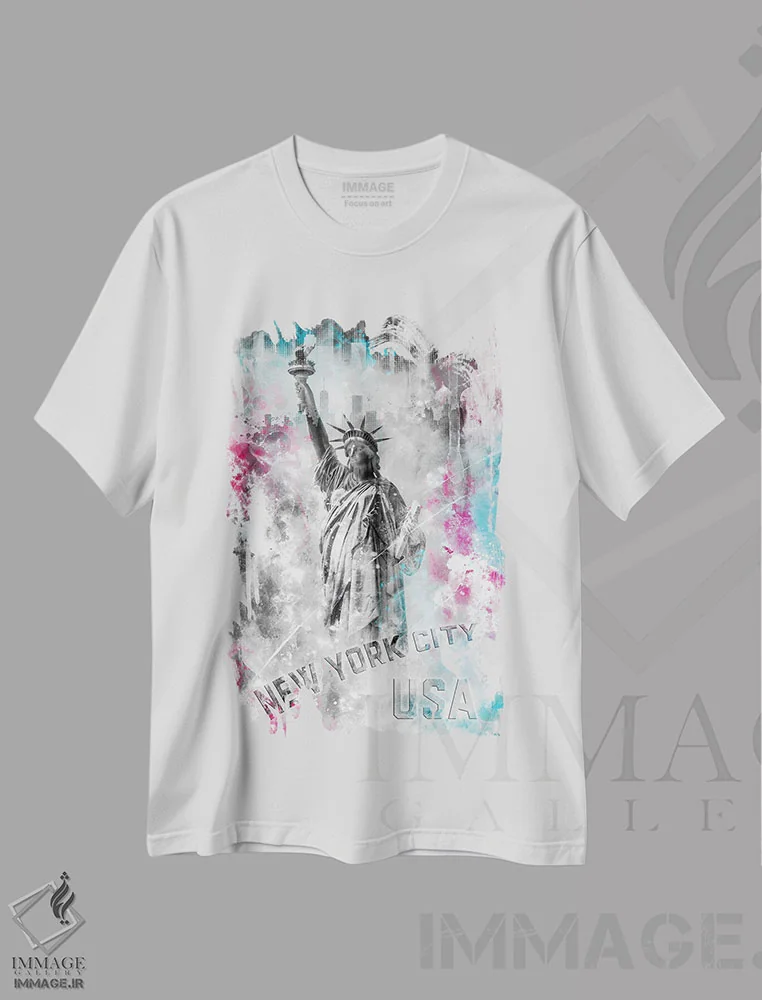 تیشرت سفید طرح دار – تیشرت پاپ آرت ,پاپ آرت مجسمه آزادی اثر ملانی ویولا فروشگاه ایماژ