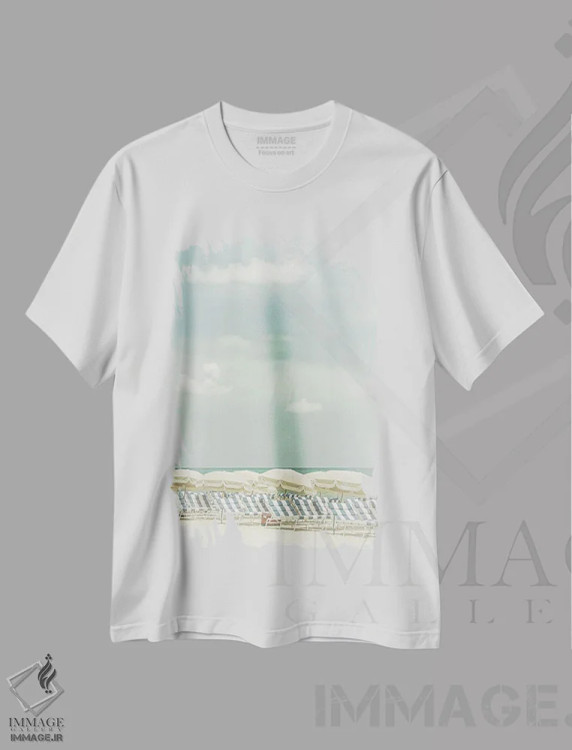 تیشرت سفید طرح دار – تیشرت ساحلی ,صحنه ساحلی وینتیج اثر ملانی ویولا immage.ir
