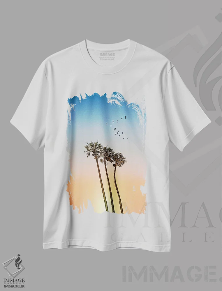 تیشرت سفید طرح دار – تیشرت غروب ,نخل ها در غروب آفتاب اثر ملانی ویولا فروشگاه ایماژ