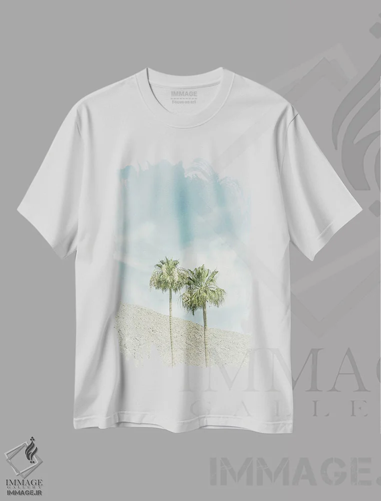 تیشرت سفید طرح دار – تیشرت طبیعت ,نخل ها در بیابان | وینتیج اثر ملانی ویولا immage.ir