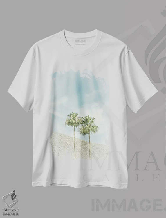 تیشرت سفید طرح دار – تیشرت طبیعت ,نخل ها در بیابان | وینتیج اثر ملانی ویولا immage.ir