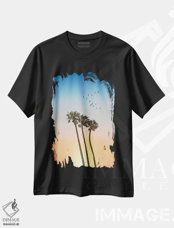 تیشرت مشکی طرح دار – تیشرت غروب ,نخل ها در غروب آفتاب اثر ملانی ویولا immage.ir