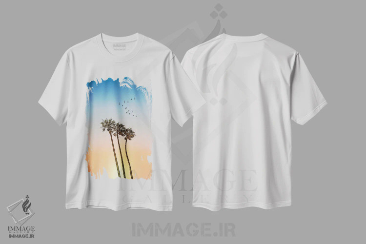 تیشرت سفید طرح دار – تیشرت غروب ,نخل ها در غروب آفتاب اثر ملانی ویولا فروشگاه ایماژ