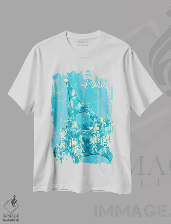 تیشرت سفید طرح دار – تیشرت گرافیکی ,سبک گرافیکی برج ایفل پاریس در رنگ فیروزه ای اثر ملانی ویولا immage.ir