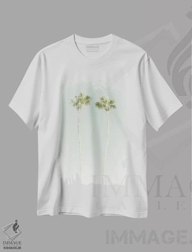 تیشرت سفید طرح دار – تیشرت طبیعت ,نخل های وینتیج اثر ملانی ویولا فروشگاه ایماژ