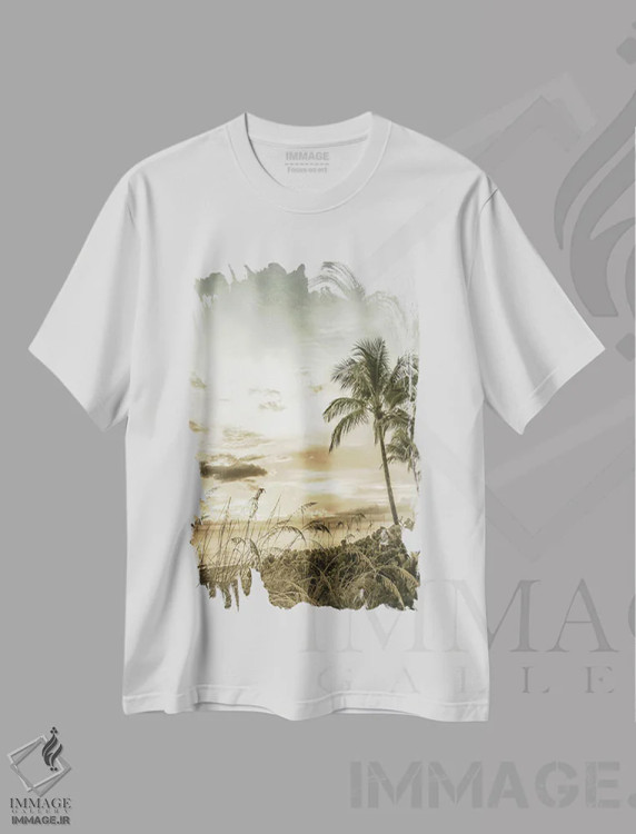تیشرت سفید طرح دار – تیشرت ساحلی ,غروب درخشان ساحل بونیتا | وینتیج اثر ملانی ویولا فروشگاه ایماژ