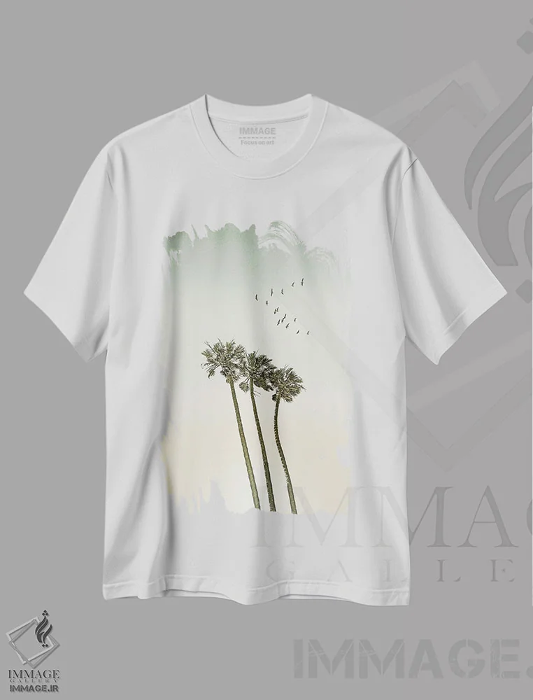 تیشرت سفید طرح دار – تیشرت ساحلی ,نخل ها و غروب آفتاب | وینتیج اثر ملانی ویولا فروشگاه ایماژ