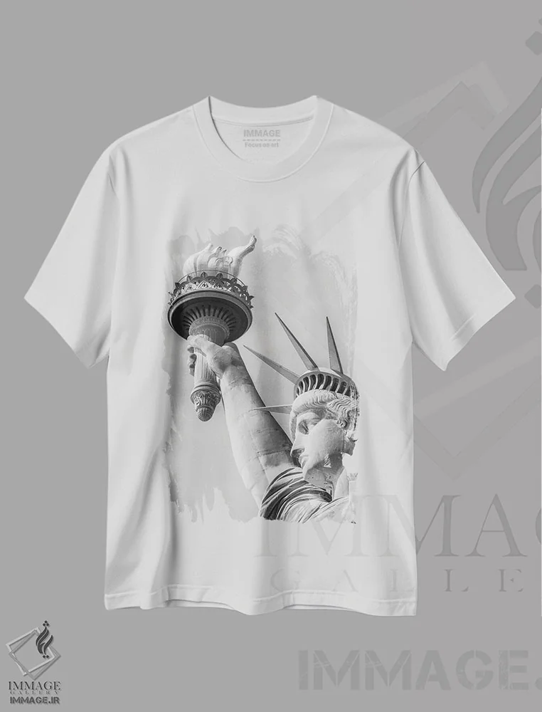 تیشرت سفید طرح دار – تیشرت مونوکروم ,مجسمه آزادی نیویورک | تک رنگ اثر ملانی ویولا فروشگاه ایماژ