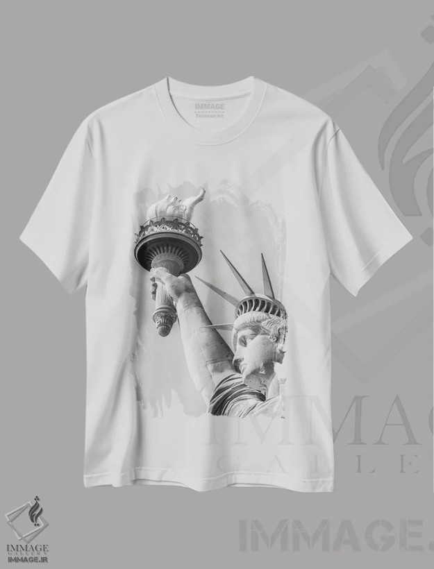 تیشرت سفید طرح دار – تیشرت مونوکروم ,مجسمه آزادی نیویورک | تک رنگ اثر ملانی ویولا فروشگاه ایماژ