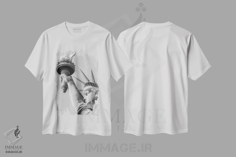 تیشرت سفید طرح دار – تیشرت مونوکروم ,مجسمه آزادی نیویورک | تک رنگ اثر ملانی ویولا فروشگاه ایماژ