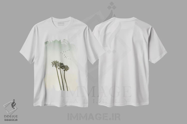 تیشرت سفید طرح دار – تیشرت ساحلی ,نخل ها و غروب آفتاب | وینتیج اثر ملانی ویولا فروشگاه ایماژ