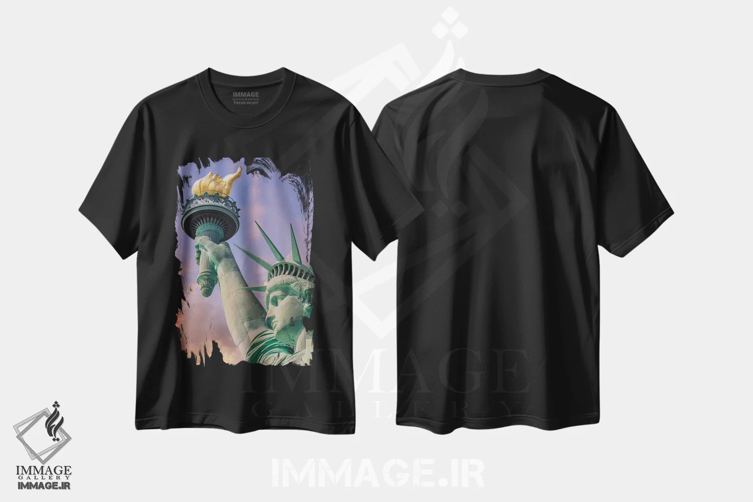 تیشرت مشکی طرح دار – تیشرت منظره شهری ,مجسمه آزادی نیویورک در غروب آفتاب اثر ملانی ویولا فروشگاه ایماژ