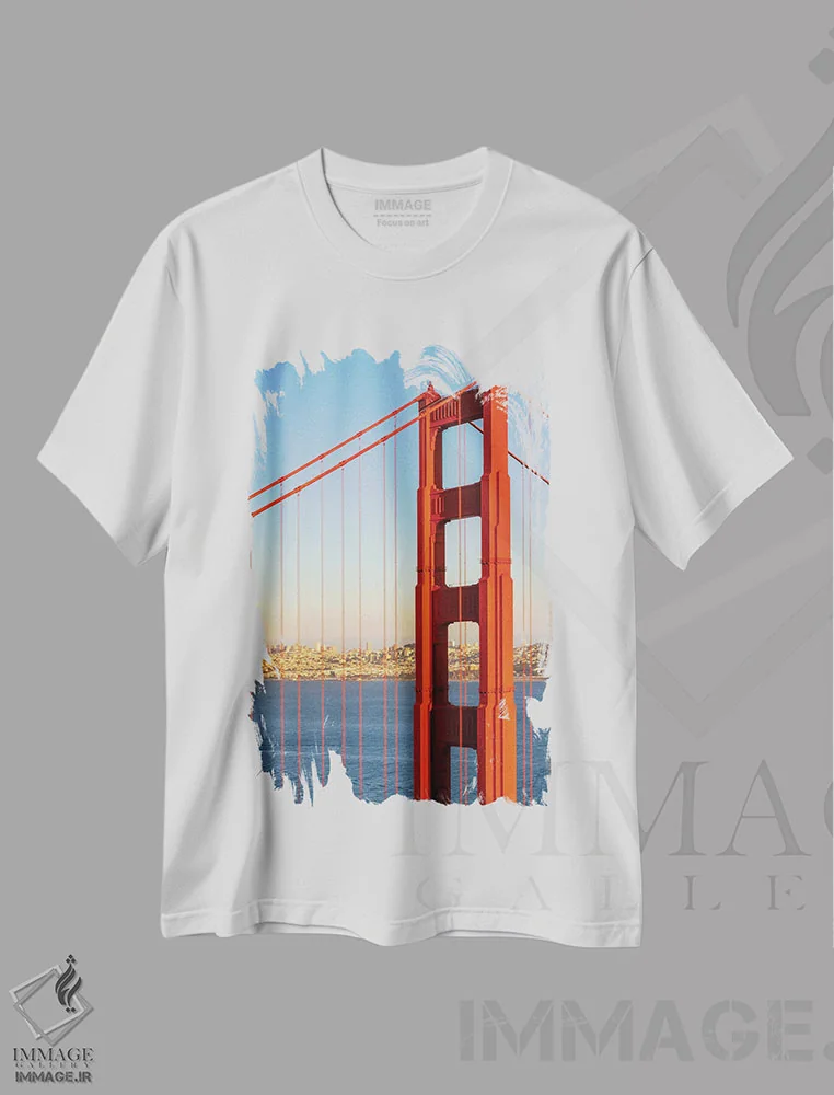 تیشرت سفید طرح دار – تیشرت سفر ,پل گلدن گیت و افق سانفرانسیسکو اثر ملانی ویولا immage.ir