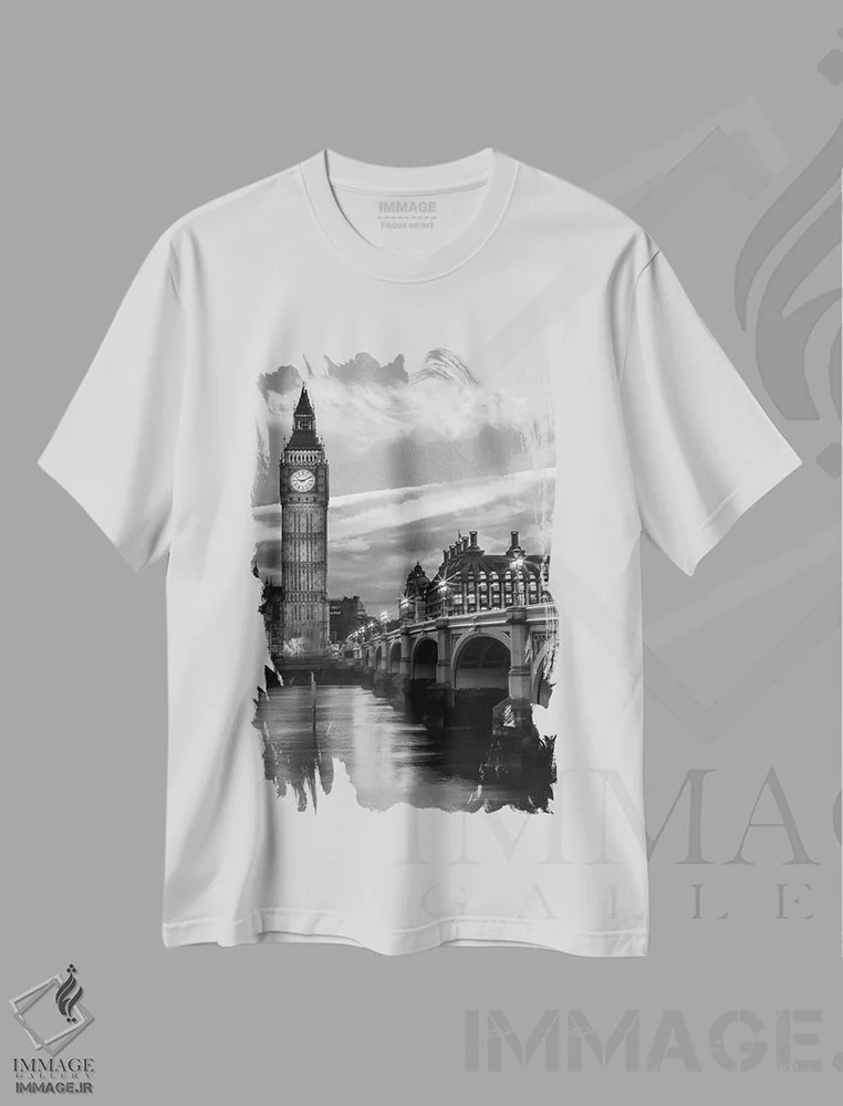 تیشرت سفید طرح دار – تیشرت مونوکروم ,عصر در پل وست مینستر | تک رنگ اثر ملانی ویولا فروشگاه ایماژ