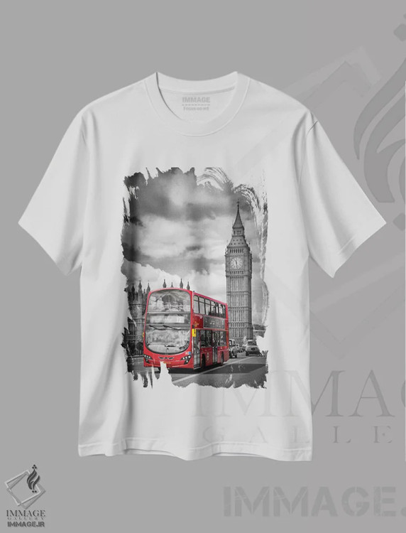 تیشرت سفید طرح دار – تیشرت شهری ,پارلمان لندن و اتوبوس قرمز اثر ملانی ویولا immage.ir