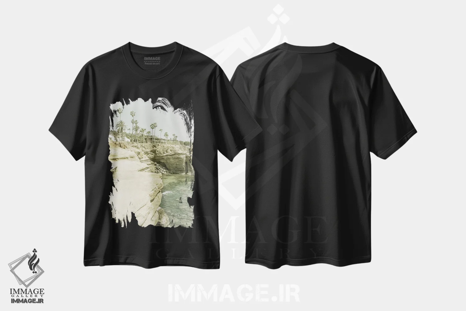 تیشرت مشکی طرح دار – تیشرت ساحلی ,صخره های غروب سن دیگو | وینتیج اثر ملانی ویولا فروشگاه ایماژ