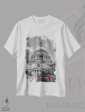 تیشرت سفید طرح دار – تیشرت شهری ,کلیسای سنت پل لندن و اتوبوس قرمز اثر ملانی ویولا فروشگاه ایماژ