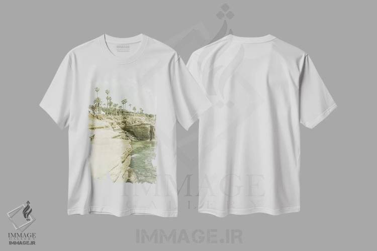 تیشرت سفید طرح دار – تیشرت ساحلی ,صخره های غروب سن دیگو | وینتیج اثر ملانی ویولا immage.ir