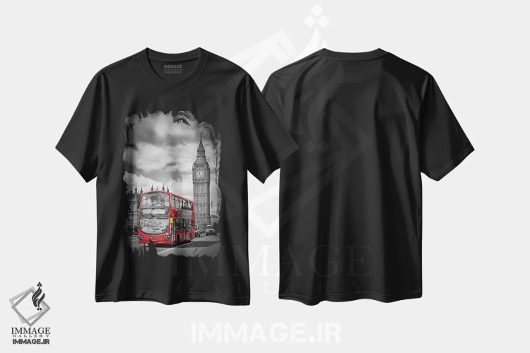 تیشرت مشکی طرح دار – تیشرت شهری ,پارلمان لندن و اتوبوس قرمز اثر ملانی ویولا فروشگاه ایماژ